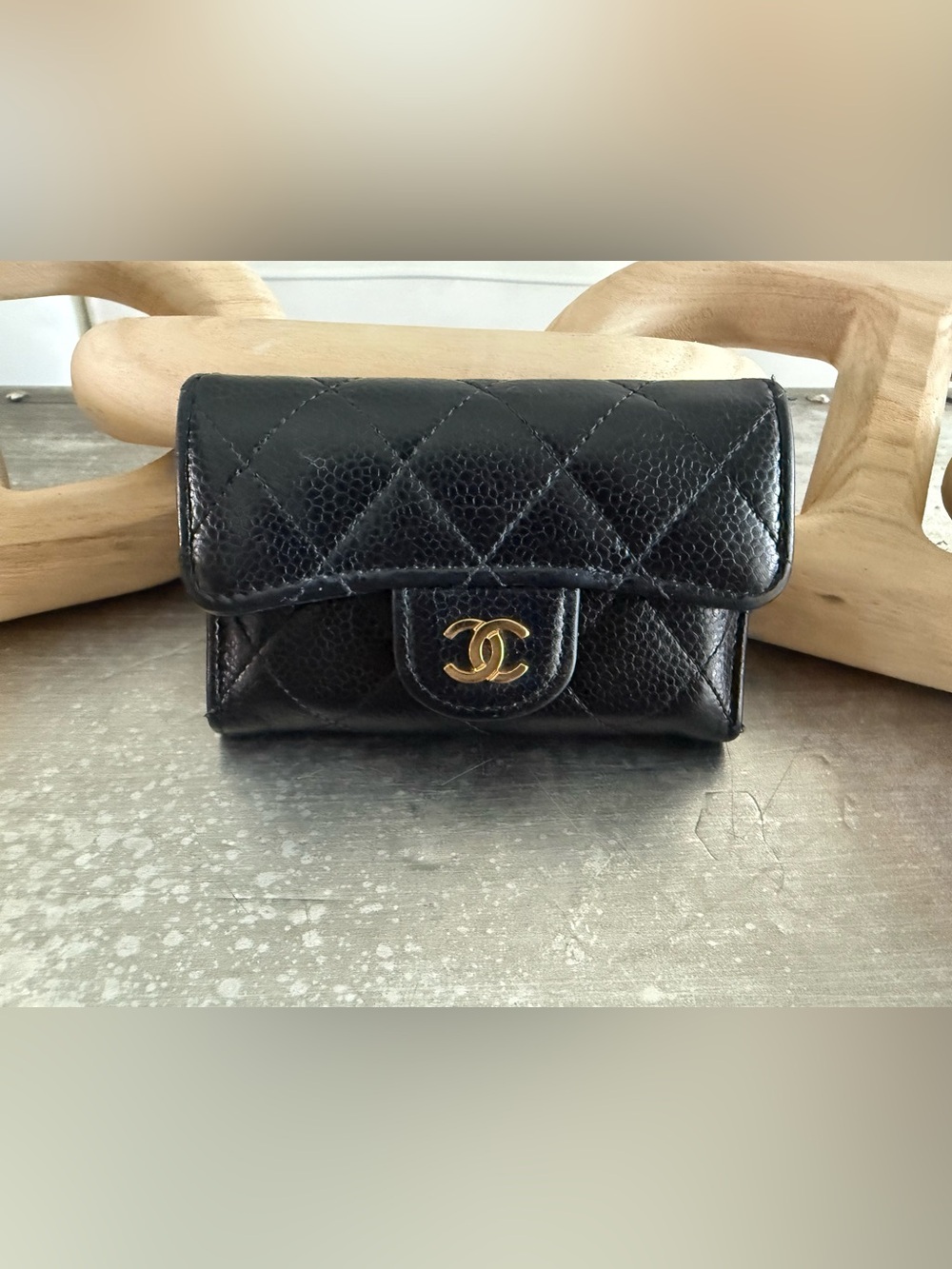CHANEL Black Caviar Quilted Flap Card Holder Wallet- Authentic